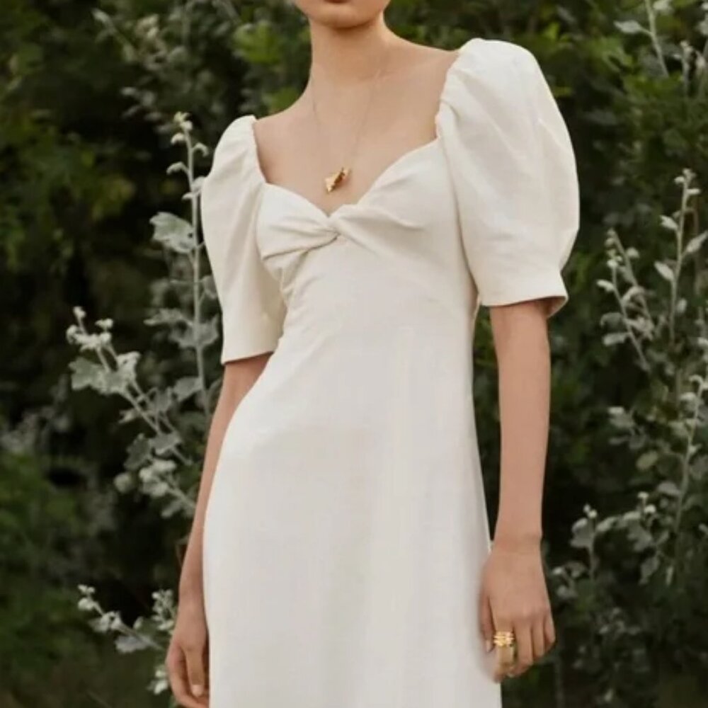 Zara Ivory Knot Rustic Puff Sleeve Midi Dress